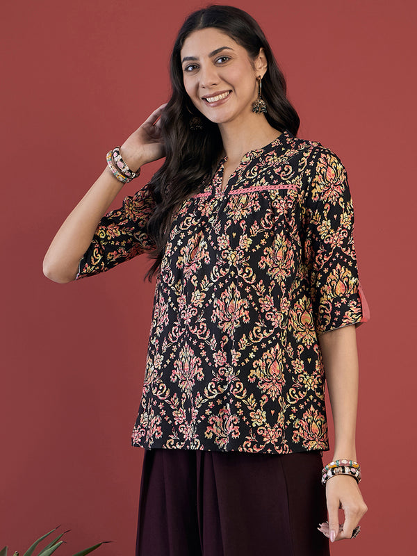 Ethnic Motifs Print Mandarin Collar Roll Up Sleeves Lace Up Regular Top