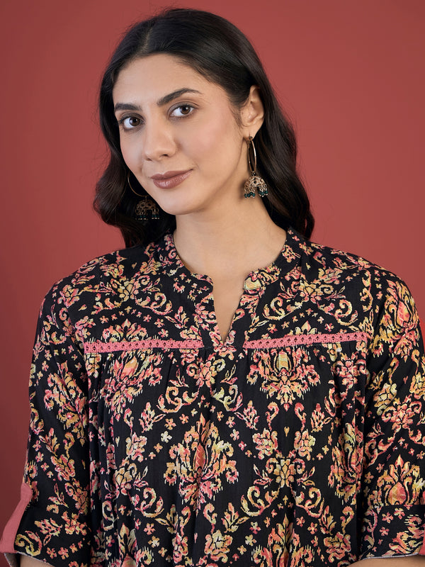 Ethnic Motifs Print Mandarin Collar Roll Up Sleeves Lace Up Regular Top