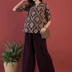 Ethnic Motifs Print Mandarin Collar Roll Up Sleeves Lace Up Regular Top