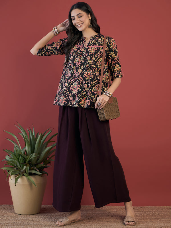 Ethnic Motifs Print Mandarin Collar Roll Up Sleeves Lace Up Regular Top