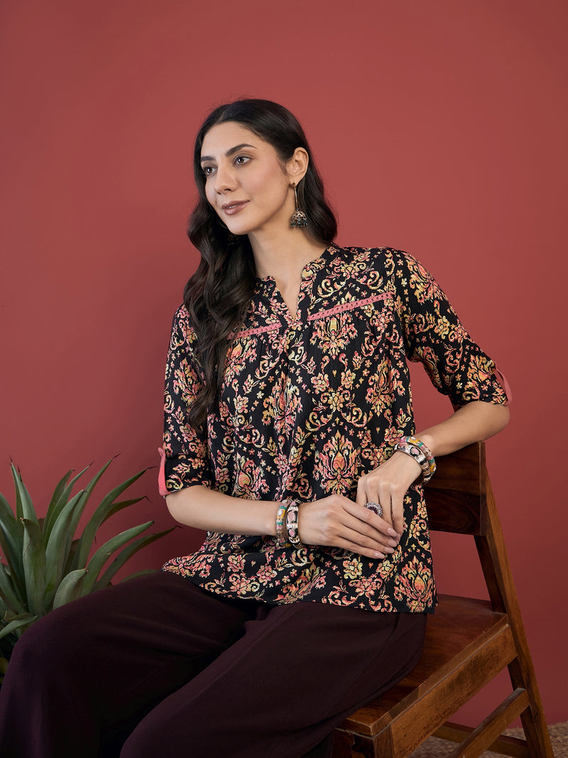 Ethnic Motifs Print Mandarin Collar Roll Up Sleeves Lace Up Regular Top