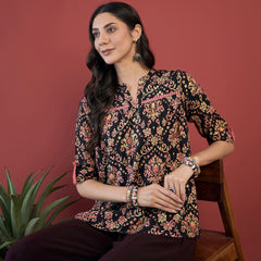 Ethnic Motifs Print Mandarin Collar Roll Up Sleeves Lace Up Regular Top