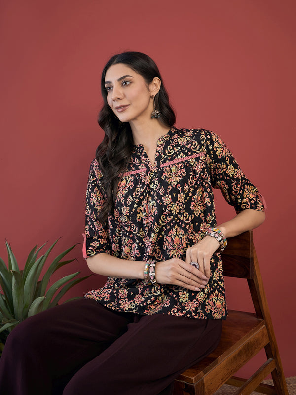 Ethnic Motifs Print Mandarin Collar Roll Up Sleeves Lace Up Regular Top