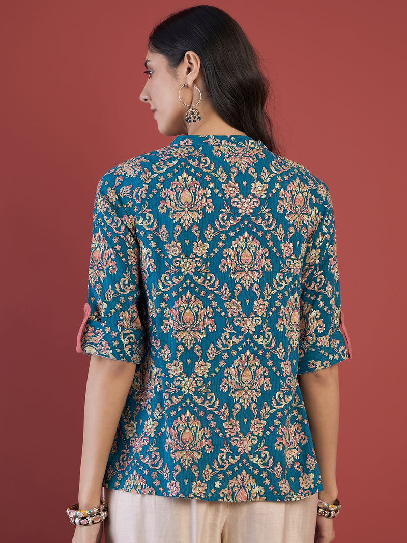 Ethnic Motifs Print Mandarin Collar Roll Up Sleeves Lace Up Regular Top