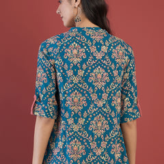 Ethnic Motifs Print Mandarin Collar Roll Up Sleeves Lace Up Regular Top