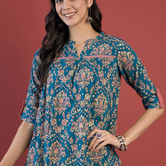 Ethnic Motifs Print Mandarin Collar Roll Up Sleeves Lace Up Regular Top