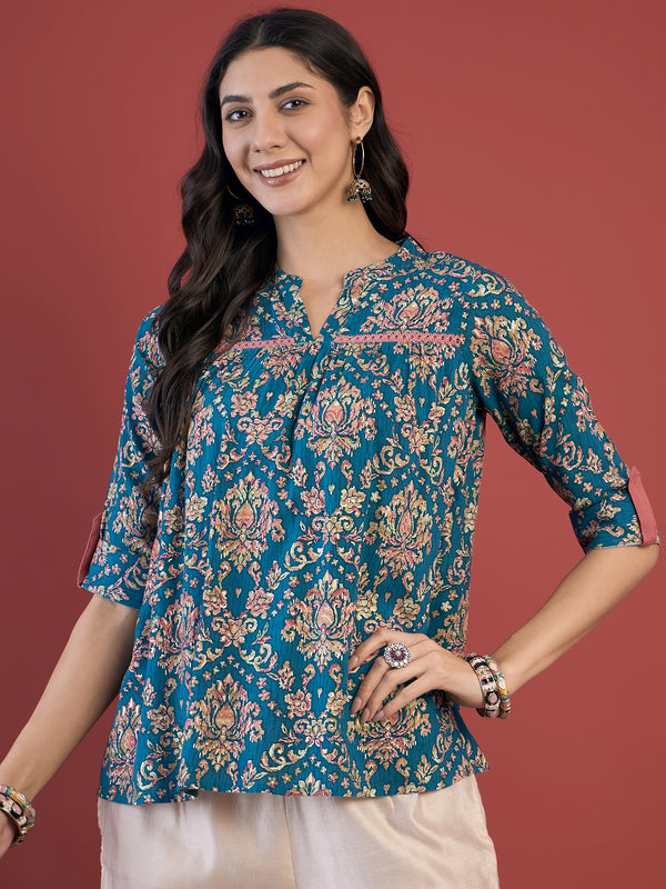 Ethnic Motifs Print Mandarin Collar Roll Up Sleeves Lace Up Regular Top