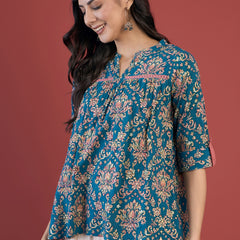 Ethnic Motifs Print Mandarin Collar Roll Up Sleeves Lace Up Regular Top