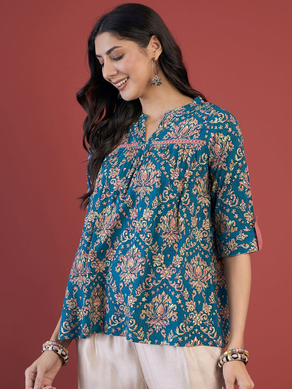 Ethnic Motifs Print Mandarin Collar Roll Up Sleeves Lace Up Regular Top