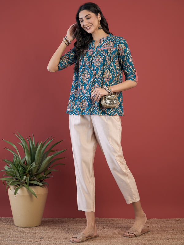 Ethnic Motifs Print Mandarin Collar Roll Up Sleeves Lace Up Regular Top