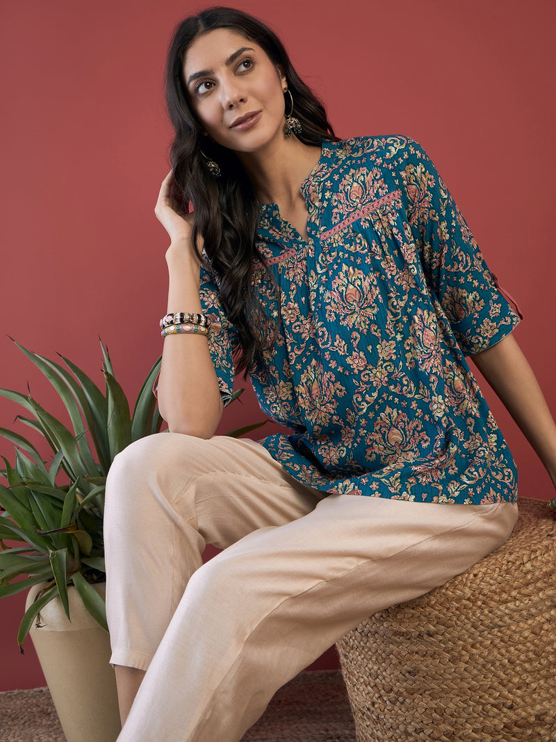 Ethnic Motifs Print Mandarin Collar Roll Up Sleeves Lace Up Regular Top