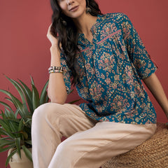 Ethnic Motifs Print Mandarin Collar Roll Up Sleeves Lace Up Regular Top