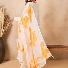 Off White Full Sleeve A-Line Kurta with Palazzos & Dupatta Kurta Set