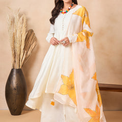 Off White Full Sleeve A-Line Kurta with Palazzos & Dupatta Kurta Set