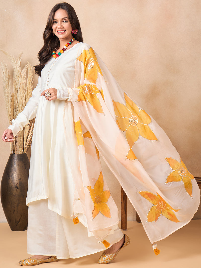 Off White Full Sleeve A-Line Kurta with Palazzos & Dupatta Kurta Set