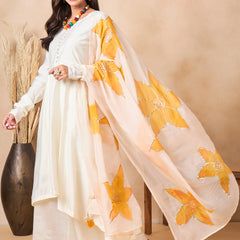 Off White Full Sleeve A-Line Kurta with Palazzos & Dupatta Kurta Set