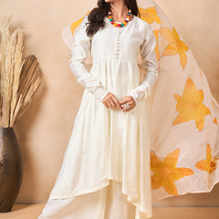 Off White Full Sleeve A-Line Kurta with Palazzos & Dupatta Kurta Set