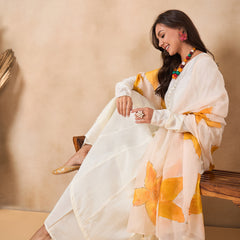 Off White Full Sleeve A-Line Kurta with Palazzos & Dupatta Kurta Set