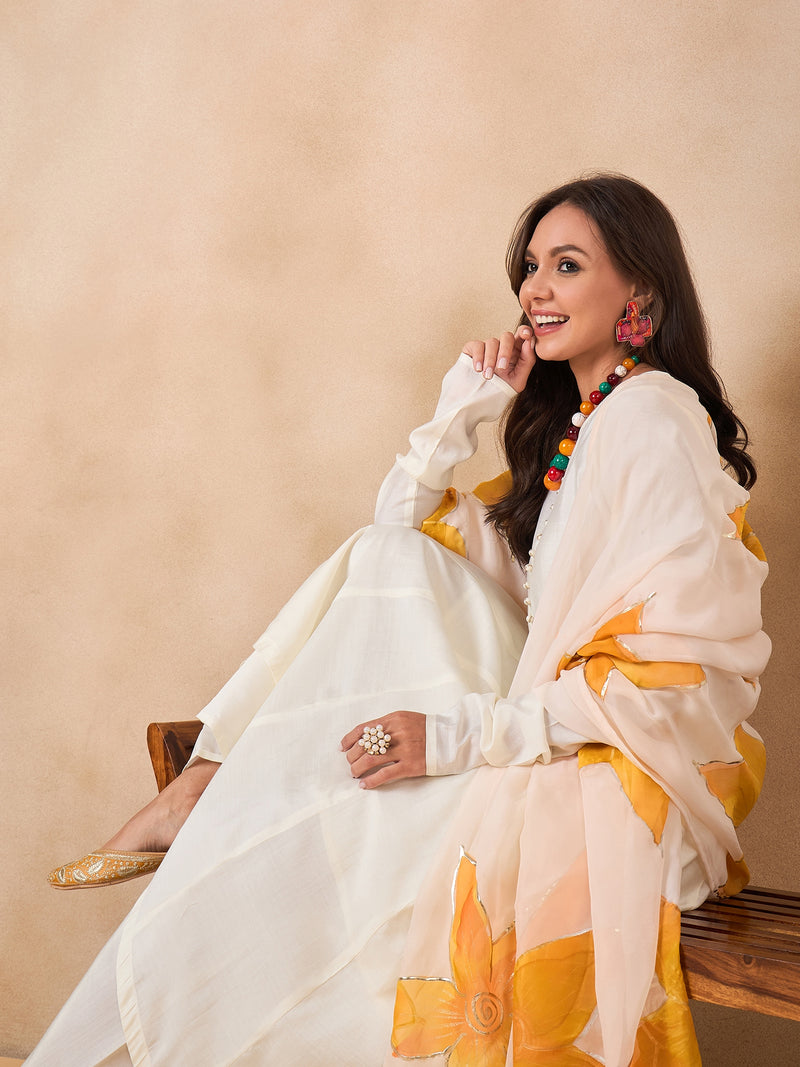 Off White Full Sleeve A-Line Kurta with Palazzos & Dupatta Kurta Set