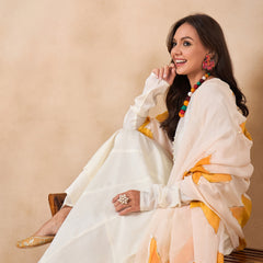 Off White Full Sleeve A-Line Kurta with Palazzos & Dupatta Kurta Set