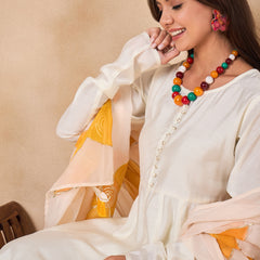 Off White Full Sleeve A-Line Kurta with Palazzos & Dupatta Kurta Set