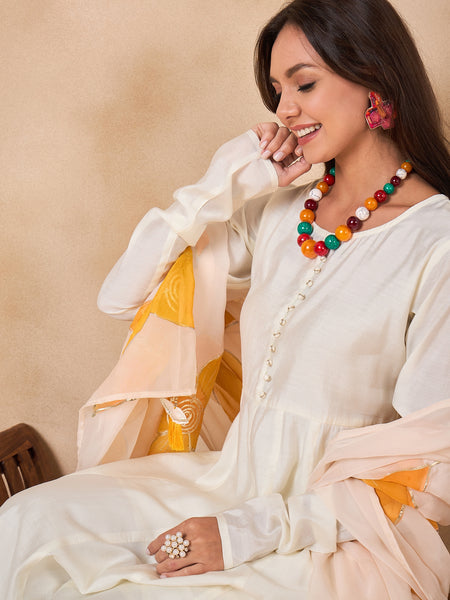 Off White Full Sleeve A-Line Kurta with Palazzos & Dupatta Kurta Set