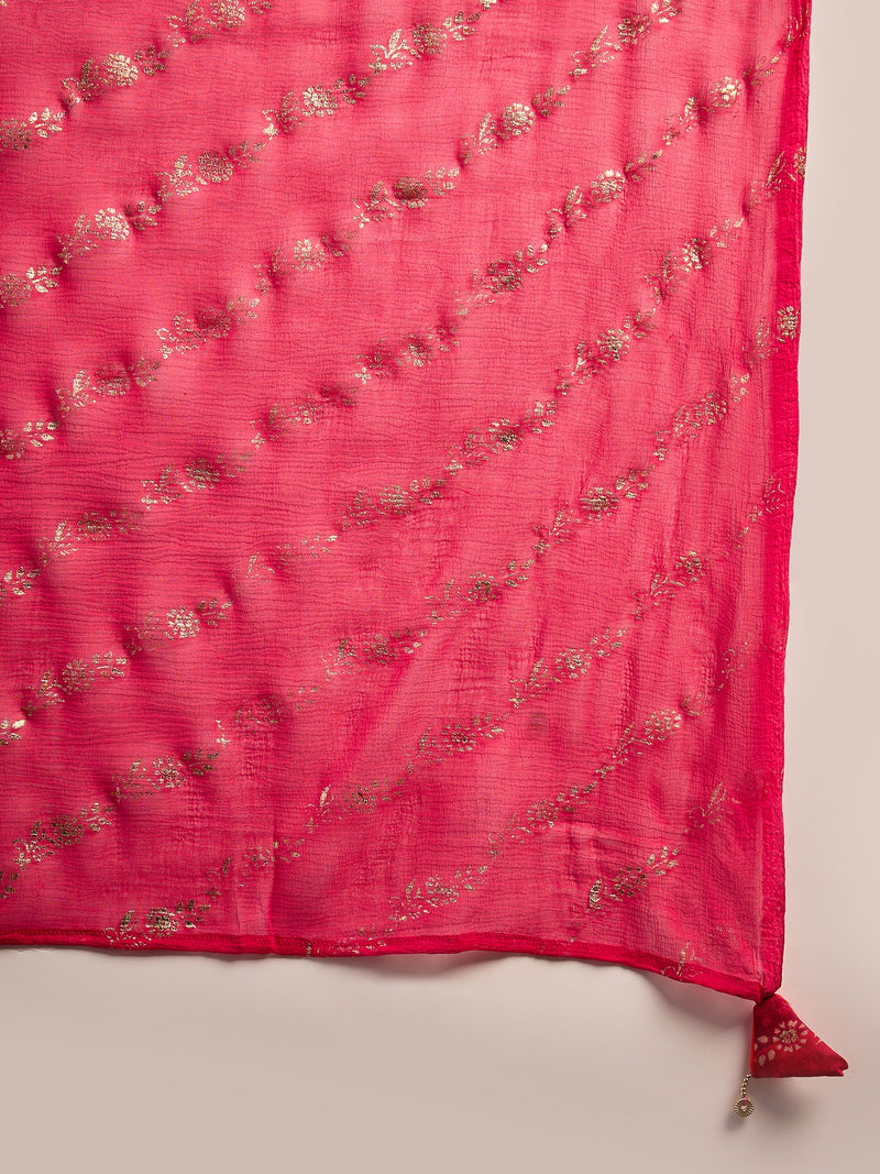 Leheriya Printed Thread Work Straight Kurta with Trousers & Dupatta