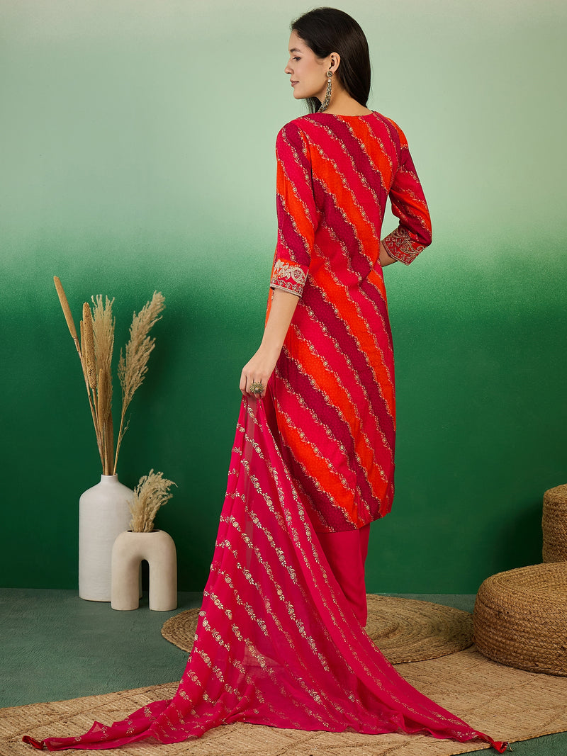 Leheriya Printed Thread Work Straight Kurta with Trousers & Dupatta