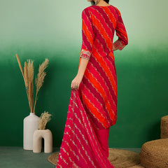 Leheriya Printed Thread Work Straight Kurta with Trousers & Dupatta