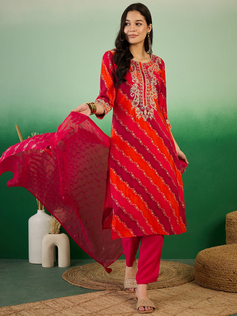Leheriya Printed Thread Work Straight Kurta with Trousers & Dupatta