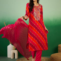 Leheriya Printed Thread Work Straight Kurta with Trousers & Dupatta