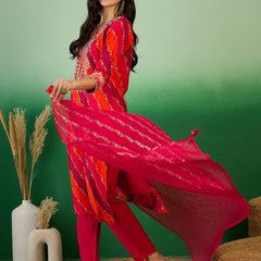 Leheriya Printed Thread Work Straight Kurta with Trousers & Dupatta