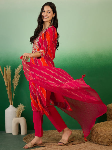 Leheriya Printed Thread Work Straight Kurta with Trousers & Dupatta