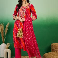 Leheriya Printed Thread Work Straight Kurta with Trousers & Dupatta