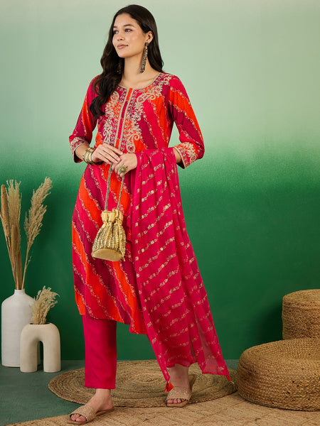 Leheriya Printed Thread Work Straight Kurta with Trousers & Dupatta