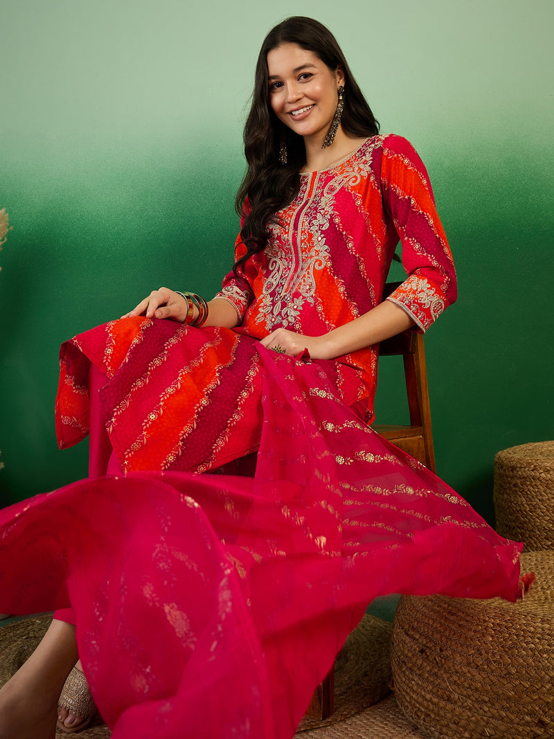 Leheriya Printed Thread Work Straight Kurta with Trousers & Dupatta