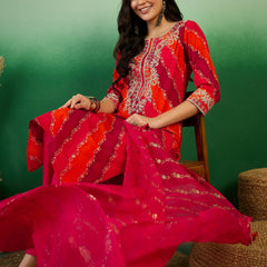 Leheriya Printed Thread Work Straight Kurta with Trousers & Dupatta