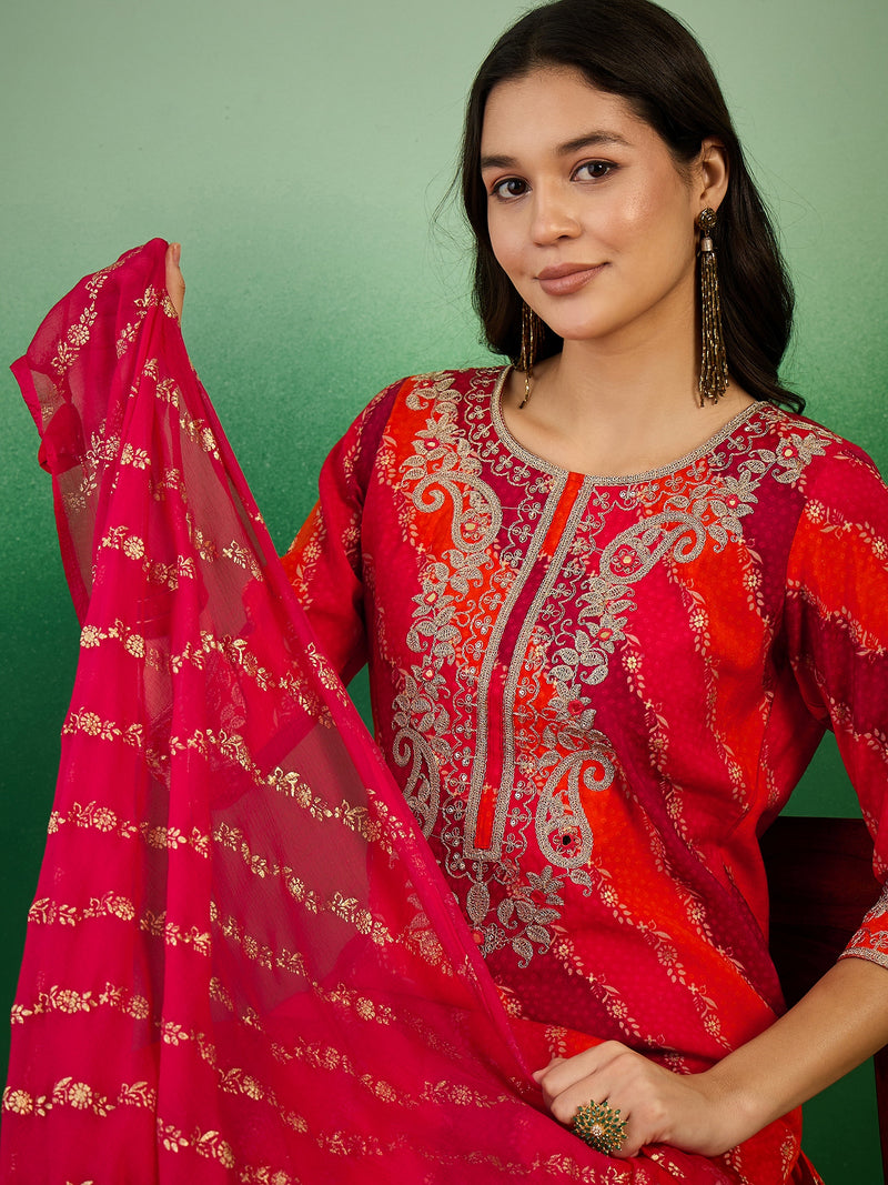 Leheriya Printed Thread Work Straight Kurta with Trousers & Dupatta