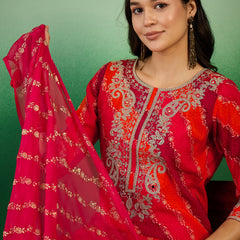 Leheriya Printed Thread Work Straight Kurta with Trousers & Dupatta