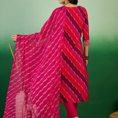 Leheriya Printed Thread Work  Straight Kurta with Trousers & Dupatta