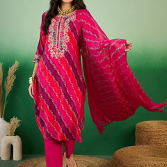 Leheriya Printed Thread Work  Straight Kurta with Trousers & Dupatta