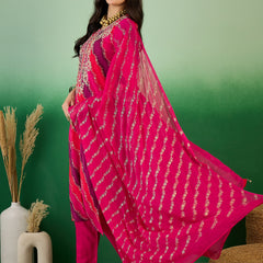 Leheriya Printed Thread Work  Straight Kurta with Trousers & Dupatta