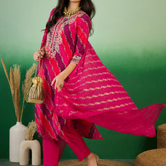 Leheriya Printed Thread Work  Straight Kurta with Trousers & Dupatta
