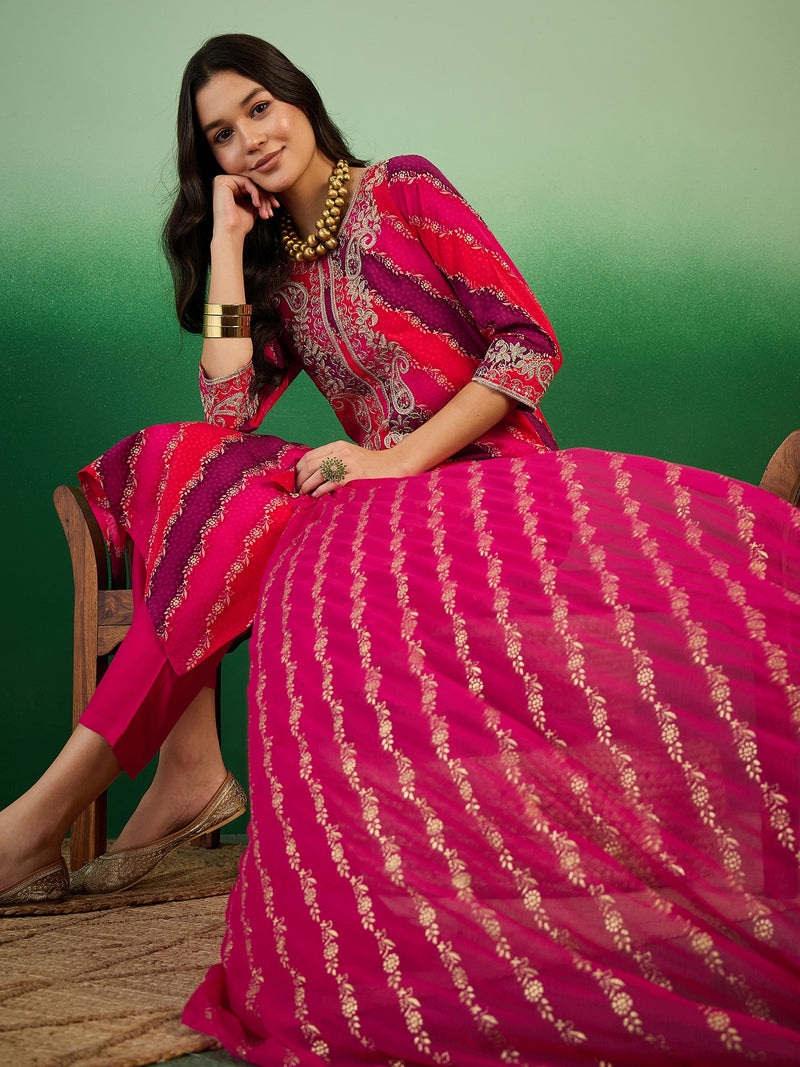 Leheriya Printed Thread Work  Straight Kurta with Trousers & Dupatta