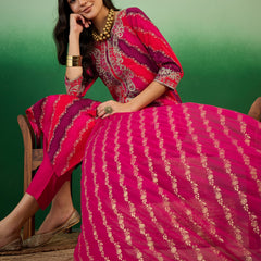 Leheriya Printed Thread Work  Straight Kurta with Trousers & Dupatta