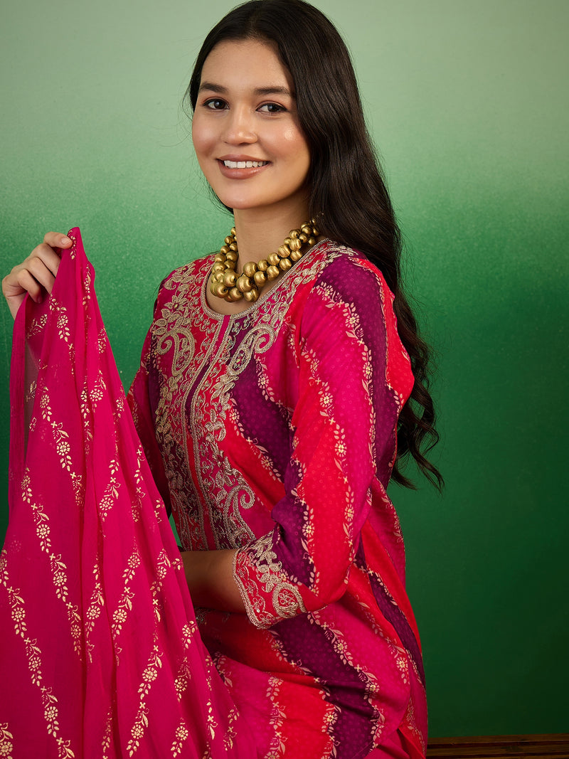 Leheriya Printed Thread Work  Straight Kurta with Trousers & Dupatta