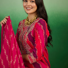 Leheriya Printed Thread Work  Straight Kurta with Trousers & Dupatta