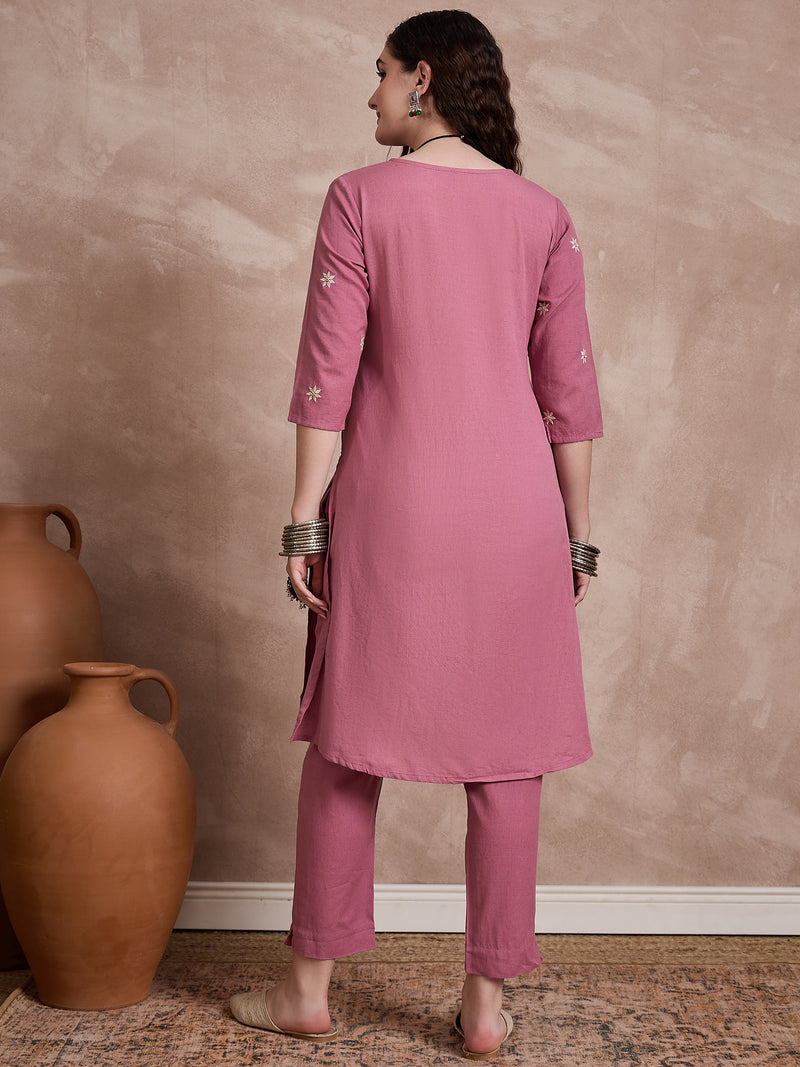 Floral Embroidered Thread Work Pure Cotton Kurta with Trouser