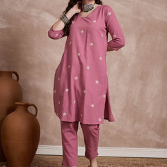 Floral Embroidered Thread Work Pure Cotton Kurta with Trouser