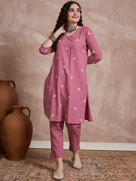 Floral Embroidered Thread Work Pure Cotton Kurta with Trouser